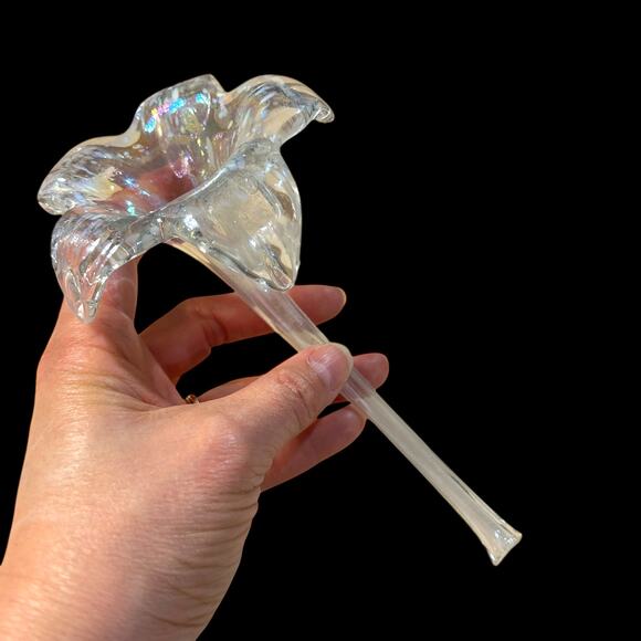 Vintage Iridescent Glass Lily Stem 8" Trumpet Flower Art Glass Epergne Insert - Picture 3 of 7